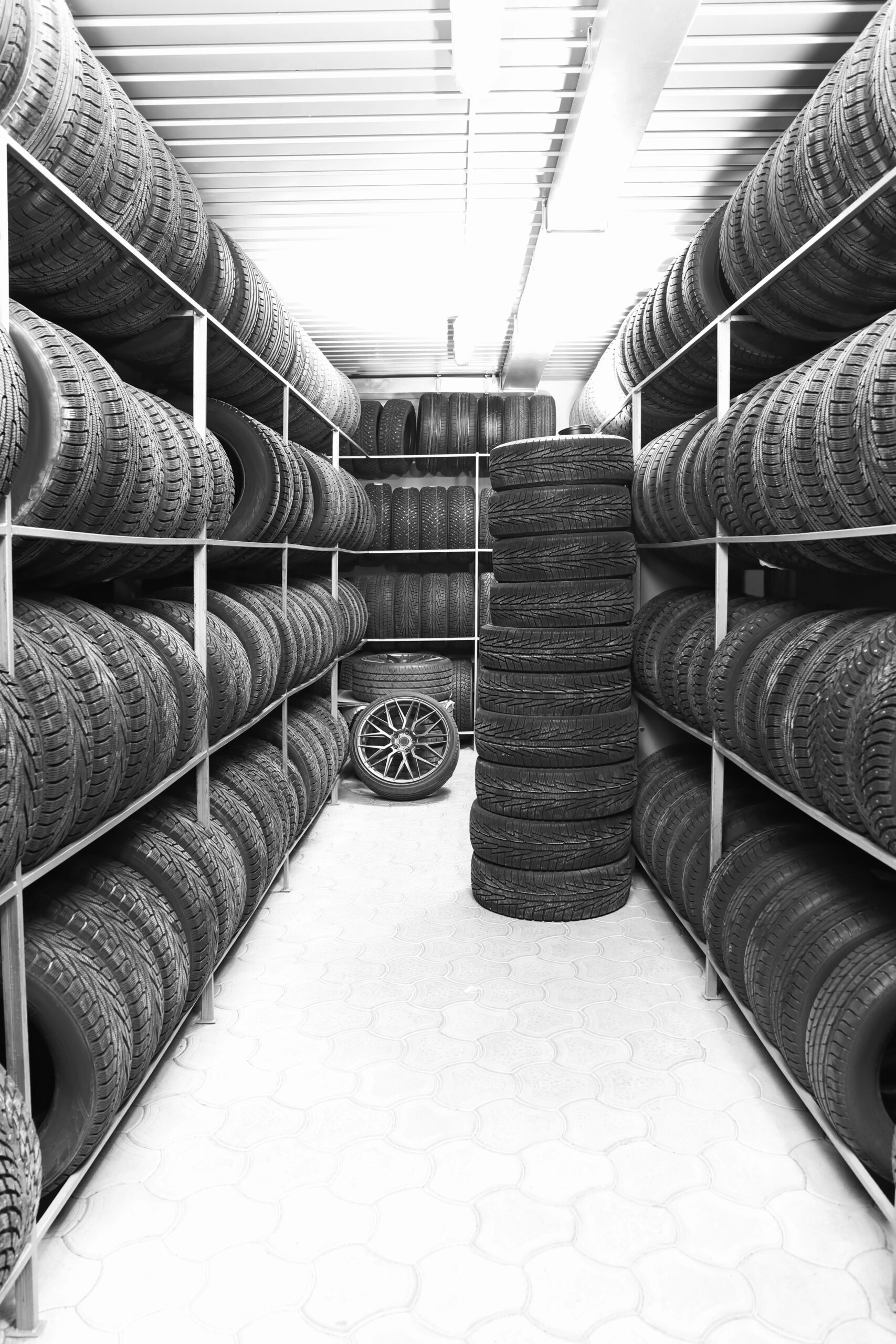 Rack with variety of car tires in automobile store